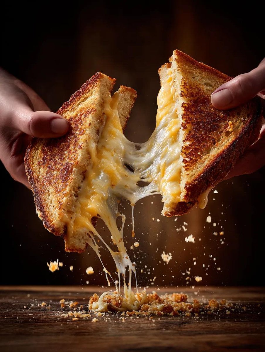 two hands pulling apart a grilled cheese sandwich, strands of melted cheddar stretching d...
