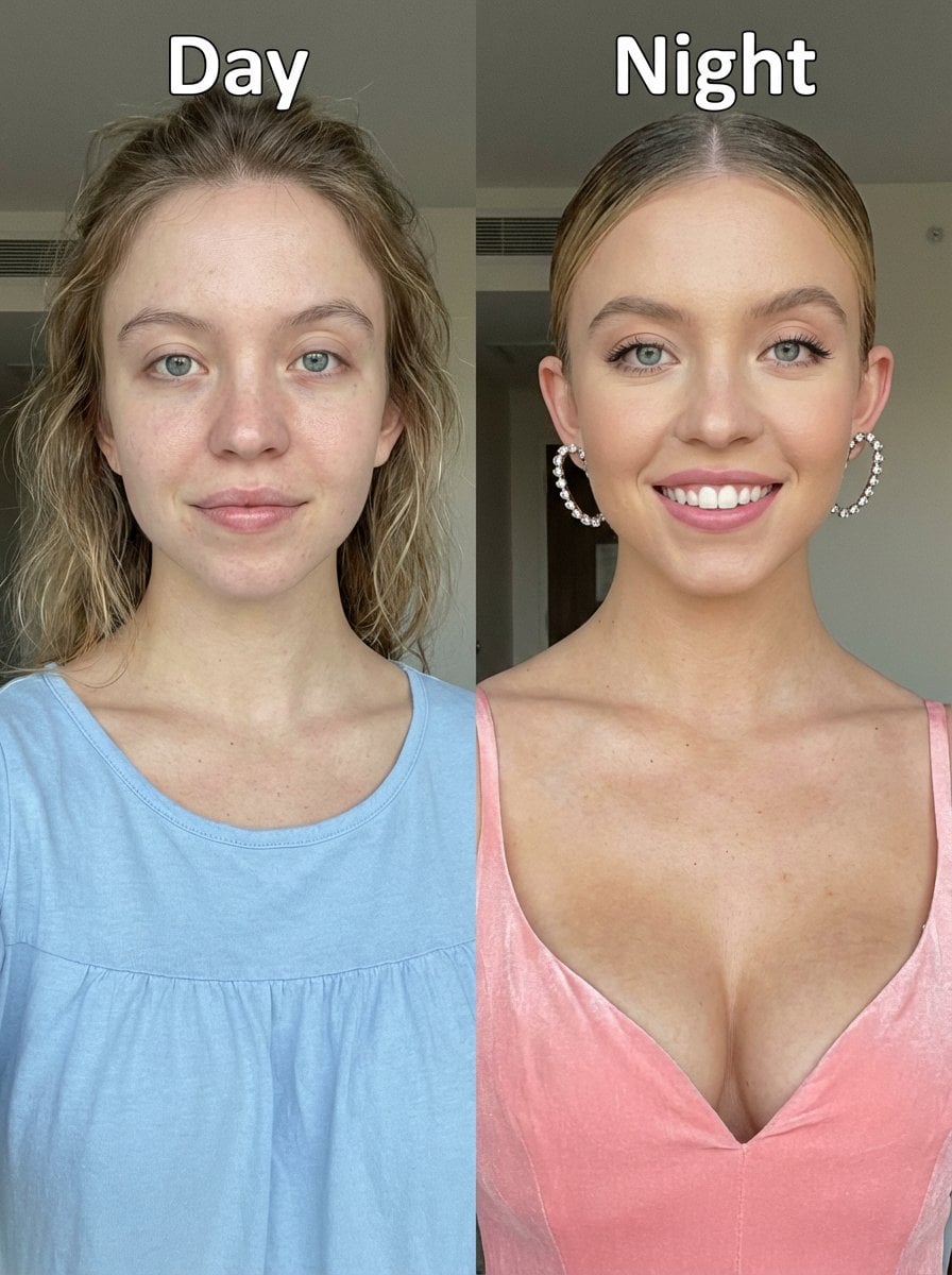 Before-and-after upper-body portrait photo of Sydney Sweeney, smiling in both images, spl...