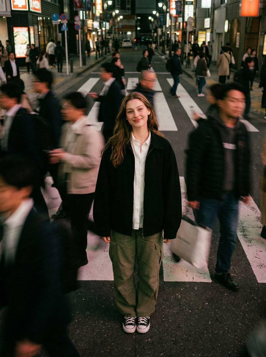 Cinematic street photography capturing a moment in motion with a crowd blur effect. Overh...