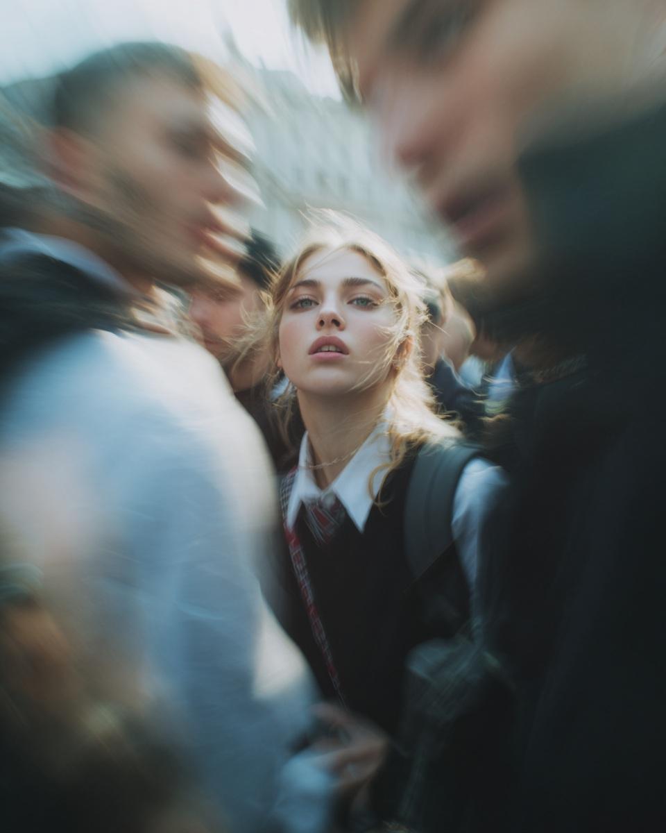 Paparazzi-style extreme close-up photo of a woman with striking facial features, caught o...