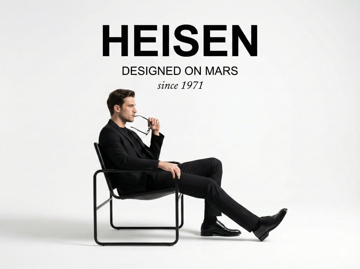 A minimalist studio photograph fashion ad. At the top center, the bold sans-serif text "[...