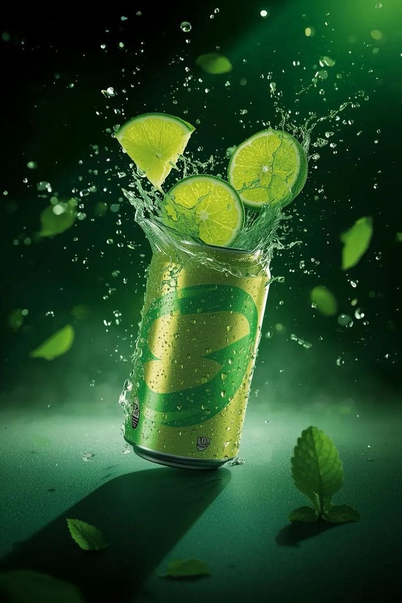 A hyper-realistic commercial product shot of a refreshing lime soda can exploding with en...