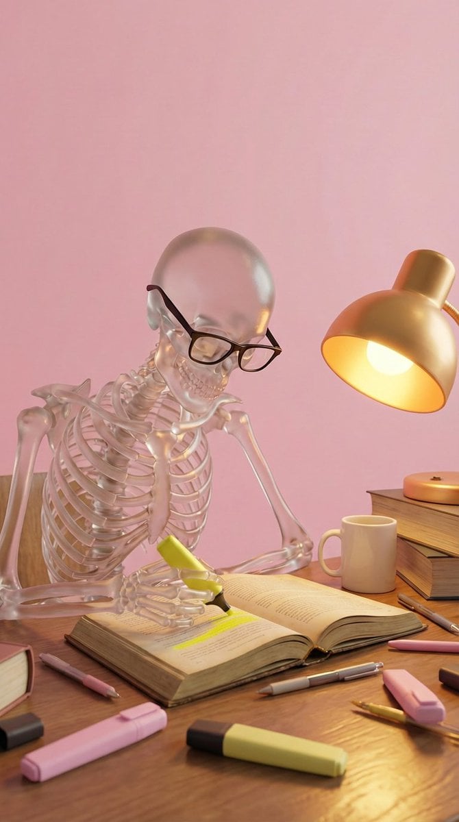 Create a high-quality stylized 3D render of a clear, translucent glass skeleton wearing b...