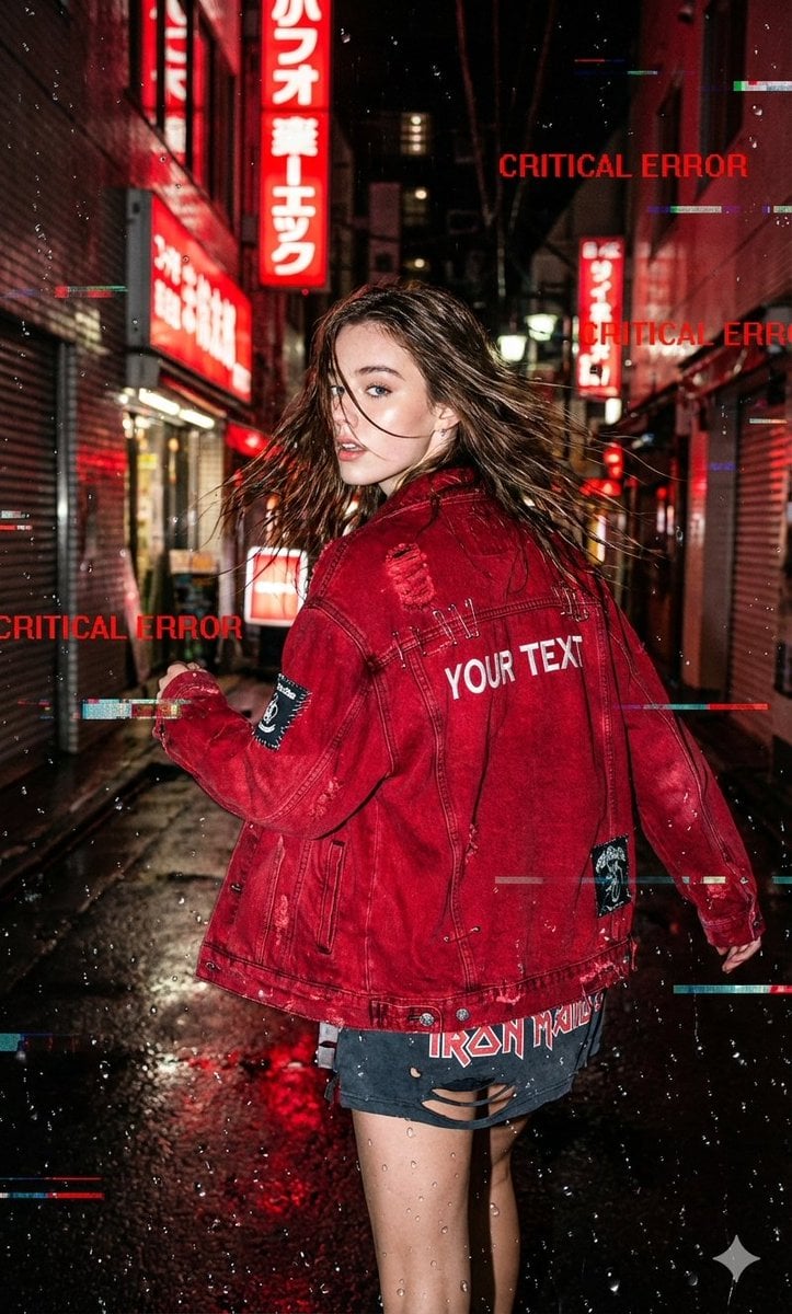A raw, candid street-style shot of reference running through a rain-soaked Neo-Tokyo alle...