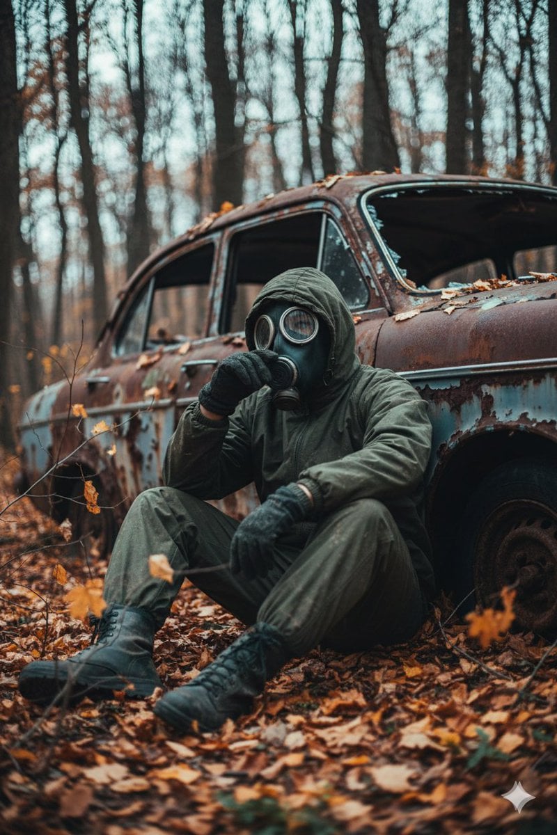 A cinematic, ultra realistic post apocalyptic scene of a lone survivor sitting on the for...