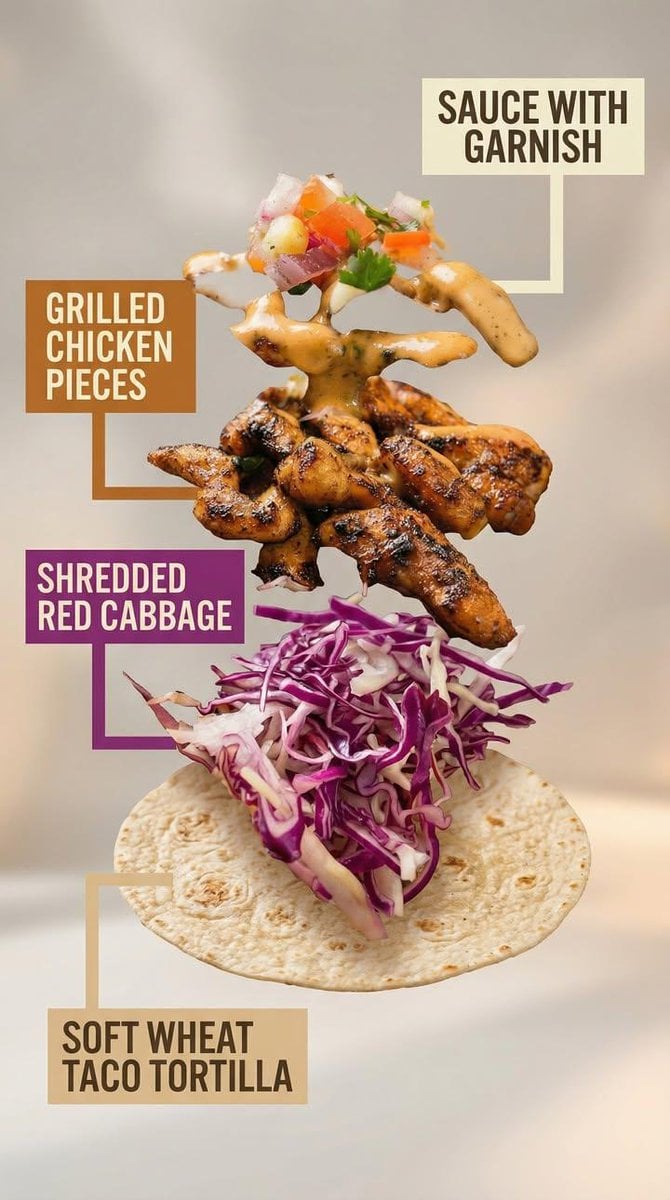 A high-end commercial food photograph of the same two tacos from the reference image, pre...