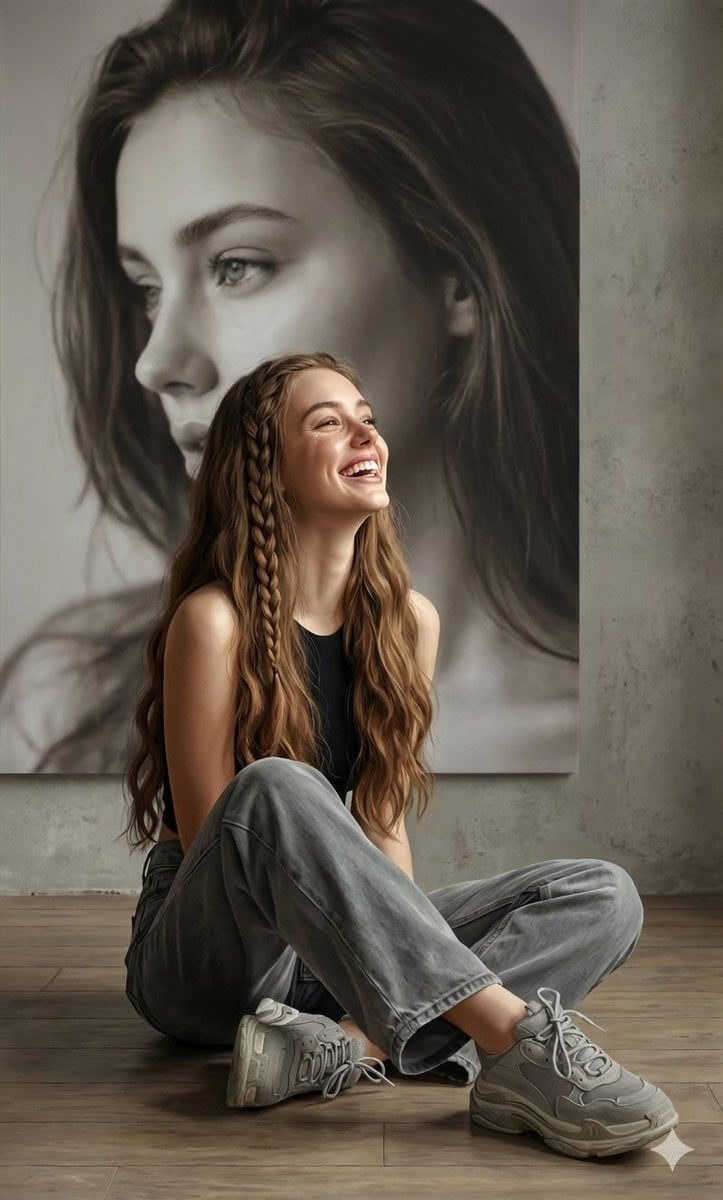 Using the provided photos, create a highly detailed, professional, hyperrealistic art por...