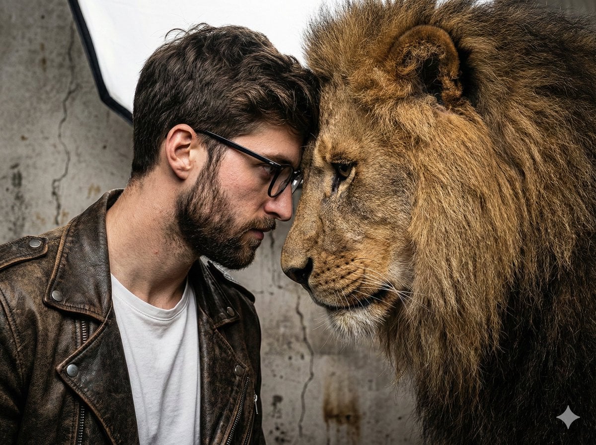 A gritty, intense portrait of a man, a friend of real lion, captured in a raw, hyper-real...