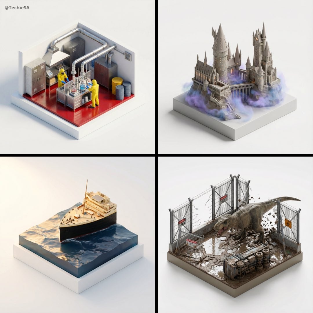 Stylized, ultra high-fidelity 3D isometric miniature diorama, 35–40° isometric view, palm...