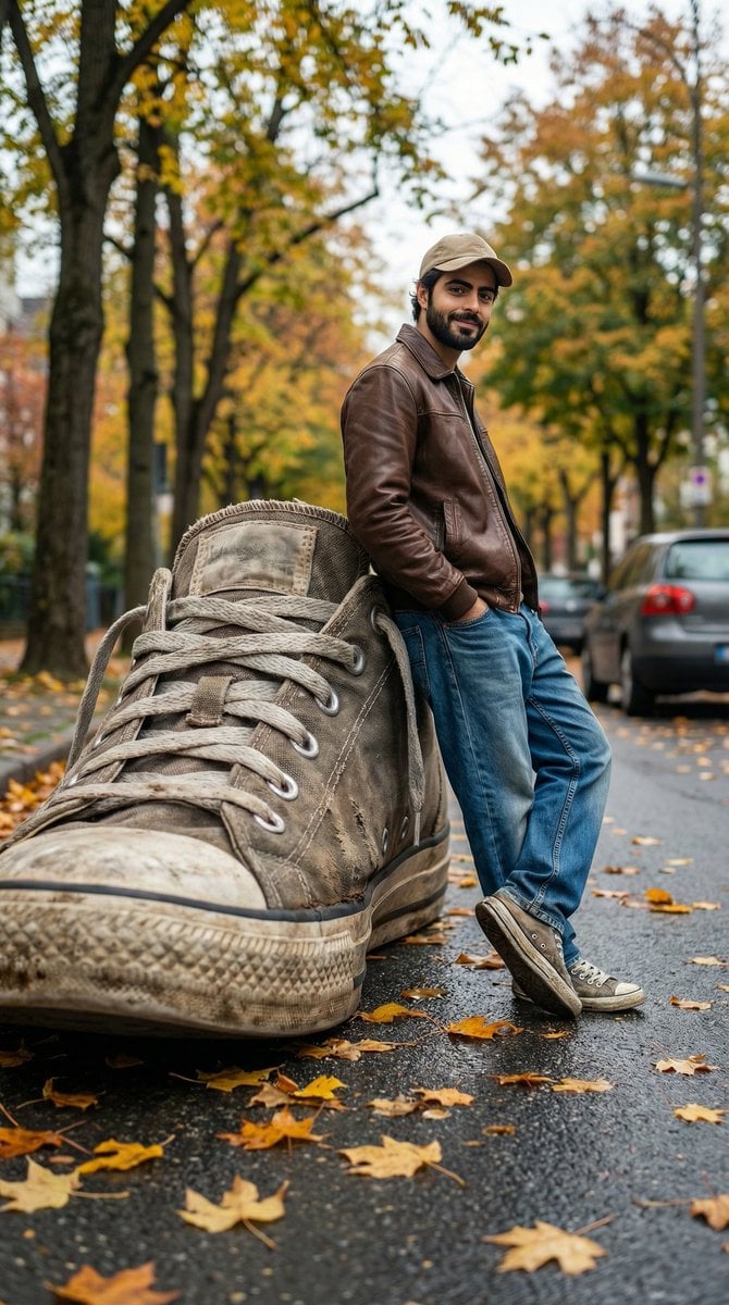 A cinematic forced-perspective street photography scene where a giant worn-out sneaker ap...