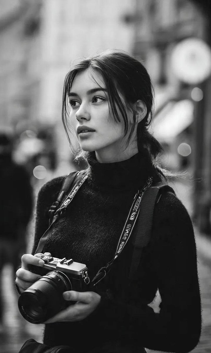 A cinematic black-and-white street portrait of a young woman photographer standing in a c...