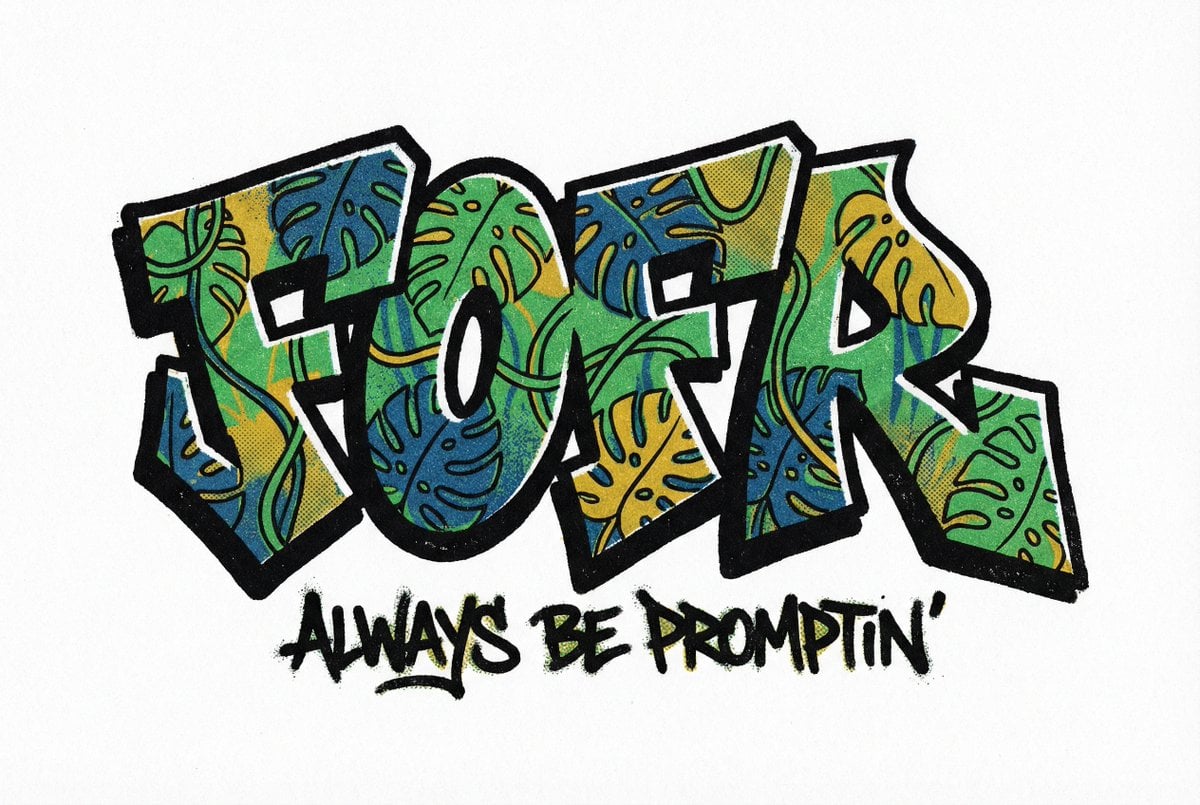 The word fofr as aggressive hard-edge graffiti with a monstera leaf motif, beautifully st...