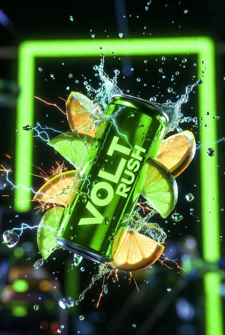 Ultra-cinematic product photography of a neon-green energy drink can labeled “VOLT RUSH”,...