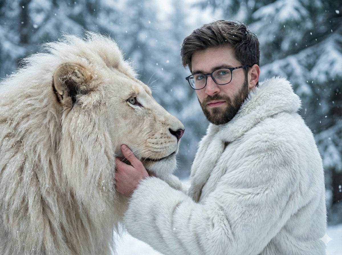 A cinematic ultra-realistic portrait of a man standing face-to-face with a majestic white...