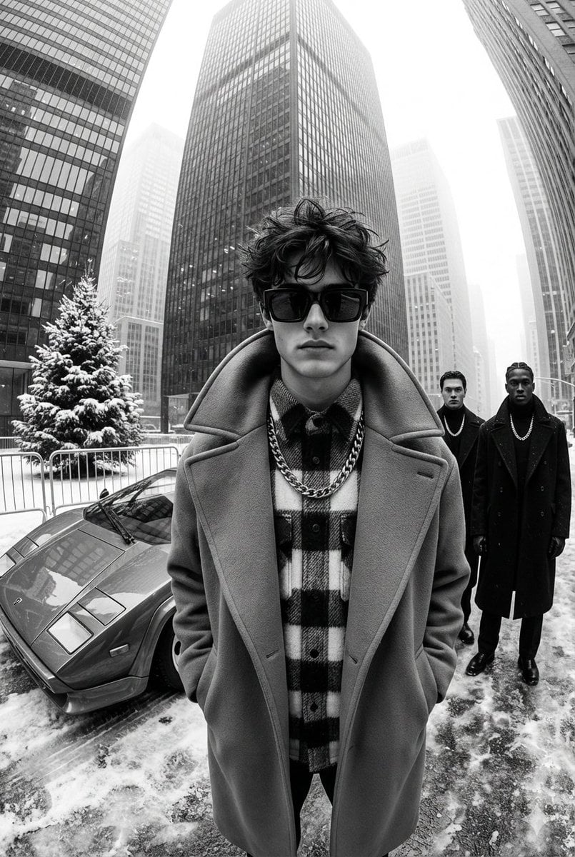 A black-and-white, high-contrast, ultra-glamorous street fashion editorial photograph tak...