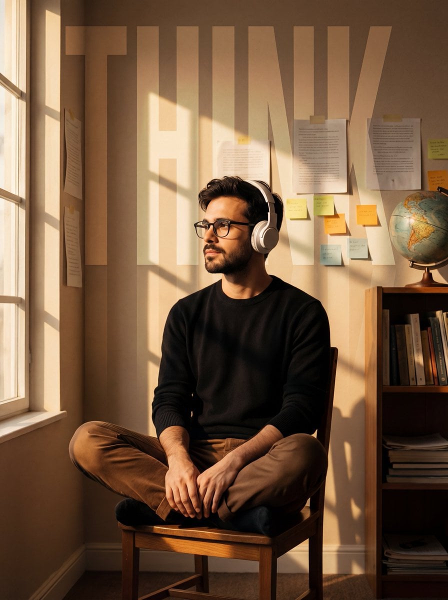 A cinematic portrait of a young man in the uploaded image sitting cross-legged on a simpl...