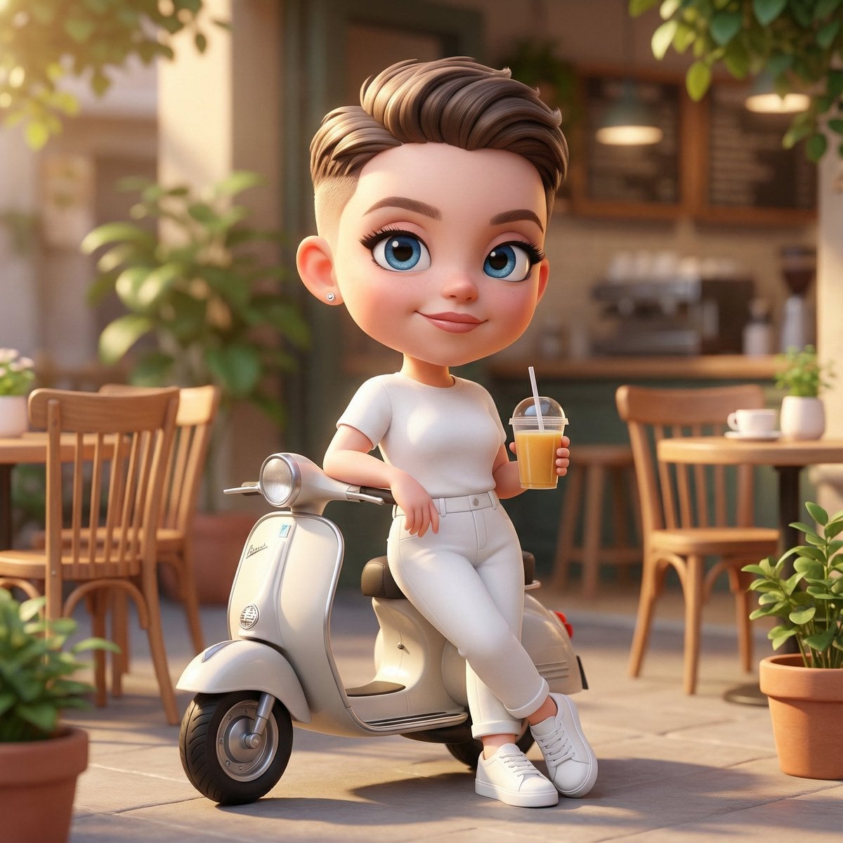 A cute 3D chibi-style character of the uploaded image leaning against a parked mini chibi...