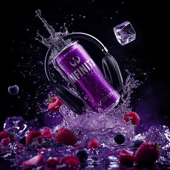 Ultra-cinematic product photography of a purple energy drink can labeled “INFINITY ENERGY...