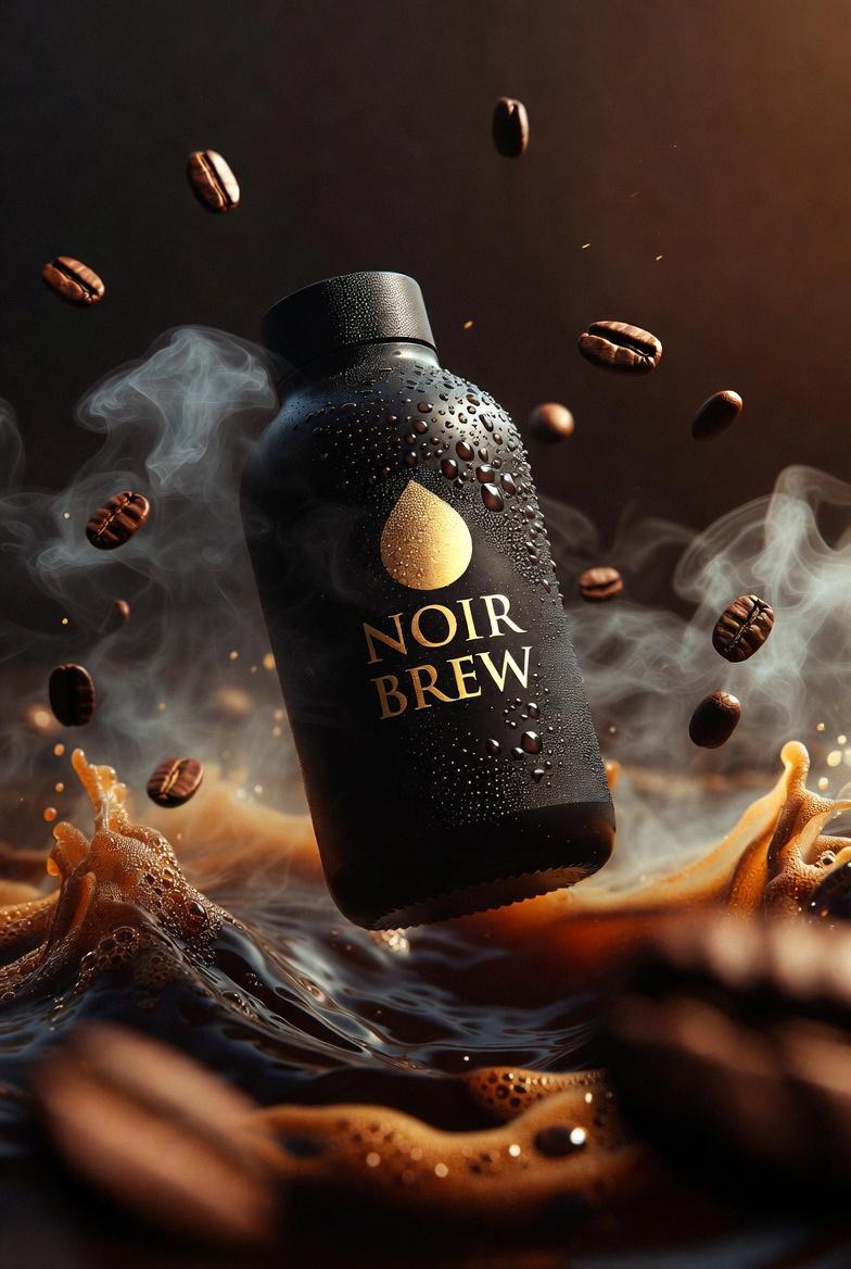 Ultra-cinematic premium coffee bottle labeled “NOIR BREW”, matte black glass with gold ty...