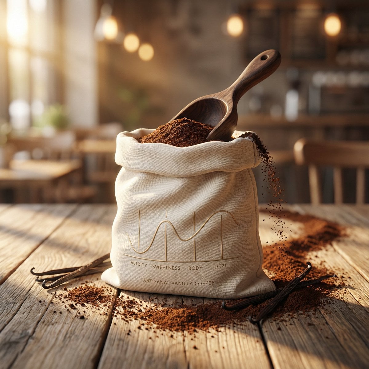 Luxury product photography of artisanal vanilla ground coffee packaged in a soft sculpted...
