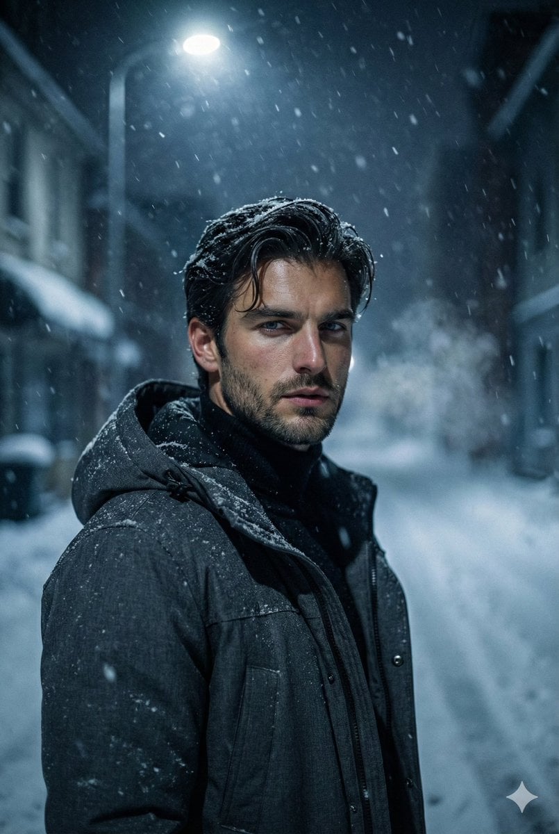 Ultra realistic cinematic portrait of a young man with sharp masculine features and light...