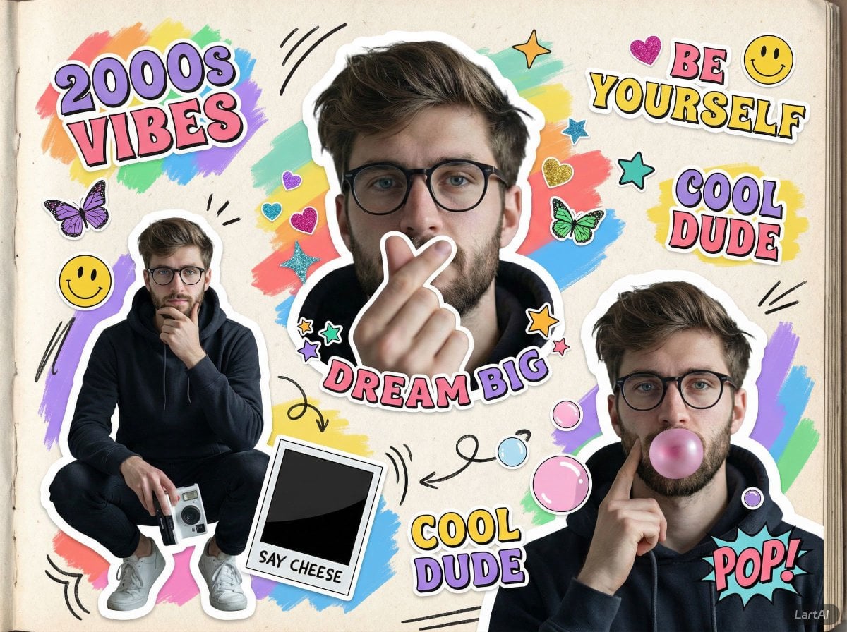 A vibrant 2000s scrapbook-style collage featuring the same young man in multiple cutout p...
