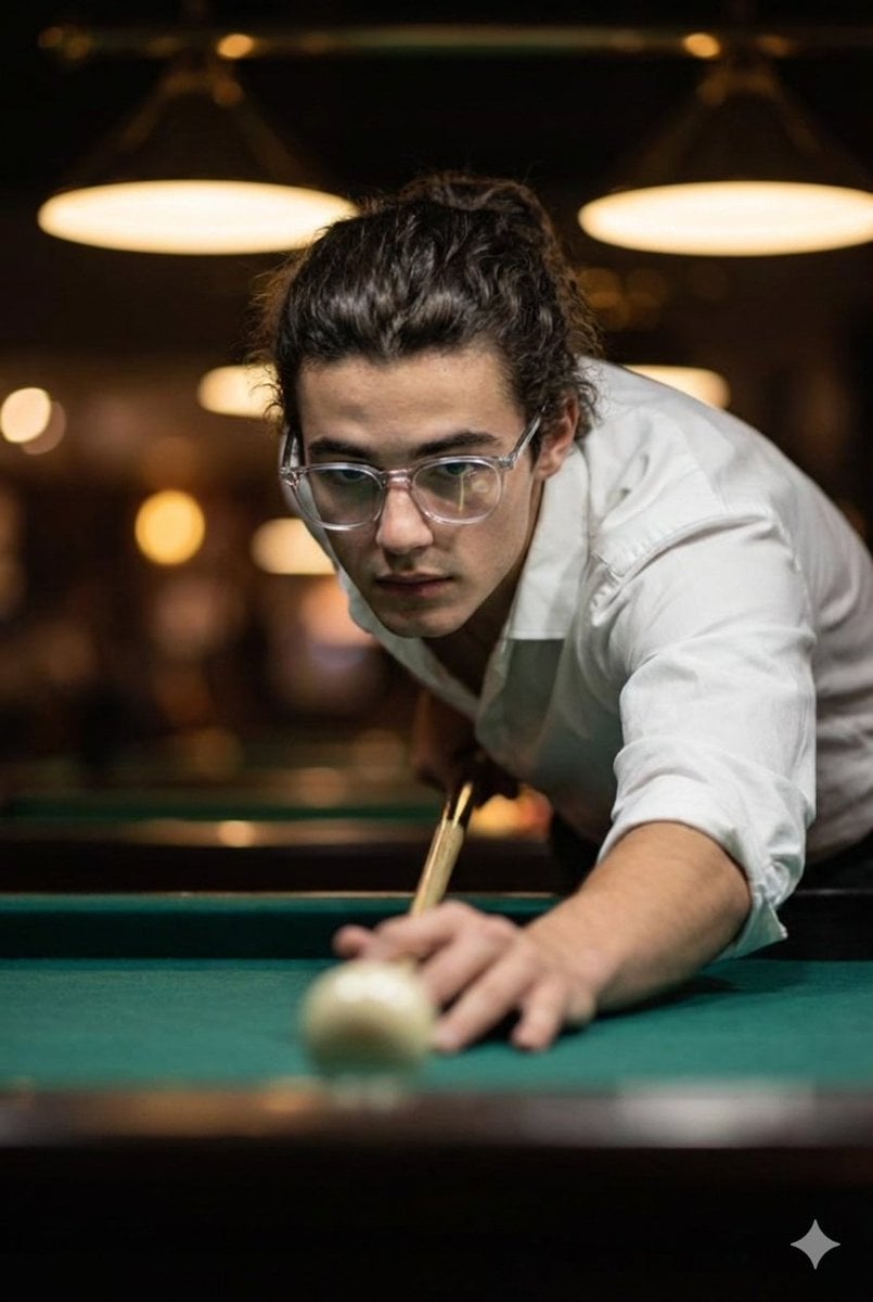 Cinematic ultra-realistic close-up of a man taking a billiards shot, captured in a tense,...