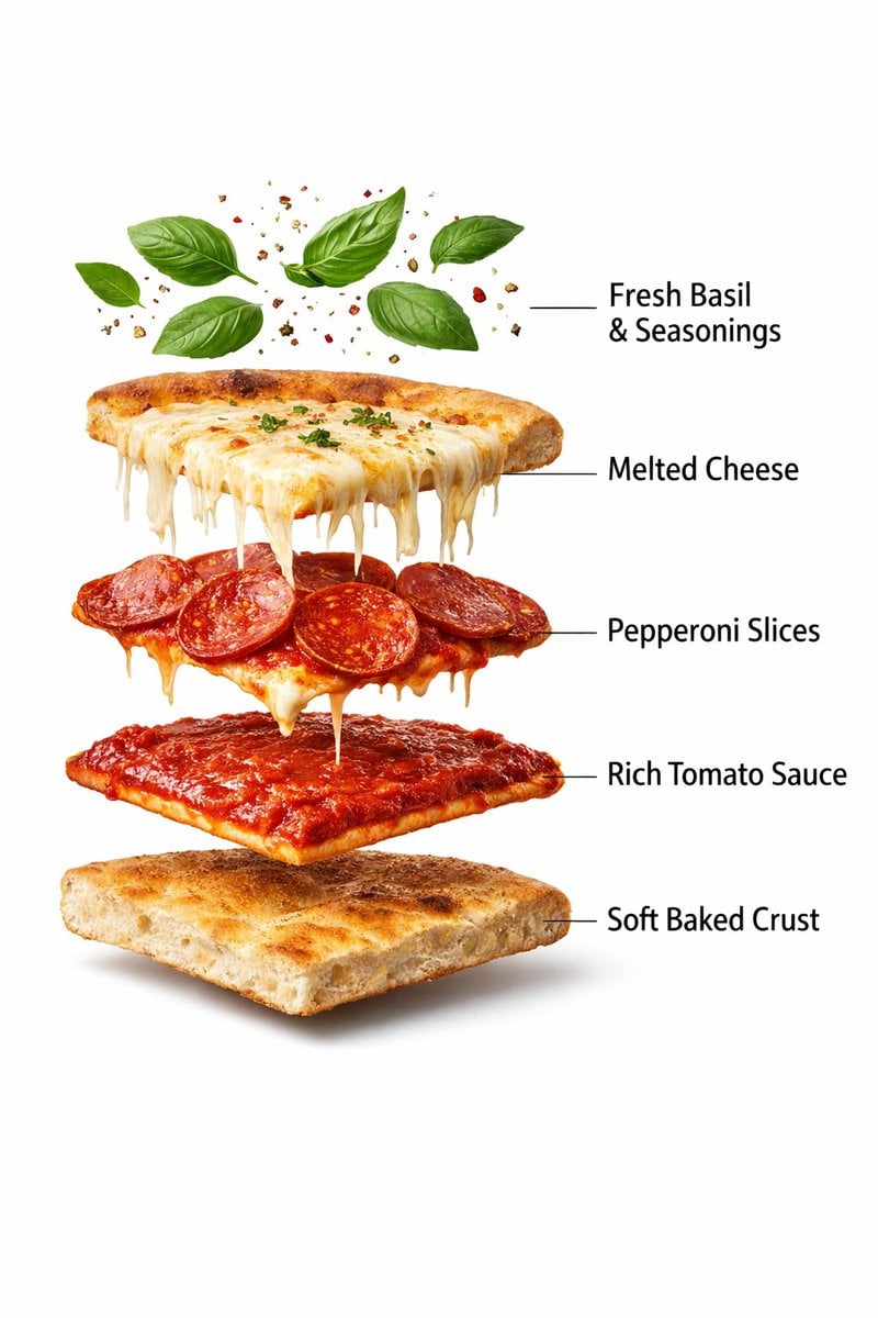 - Ultra-realistic prepared pepperoni pizza slice, fully assembled, gooey melted mozzarell...