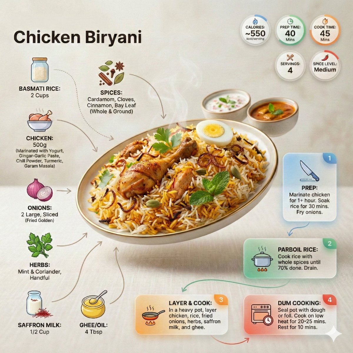 Ultra-clean modern recipe infographic. Showcase briyani in a visually appealing finished ...