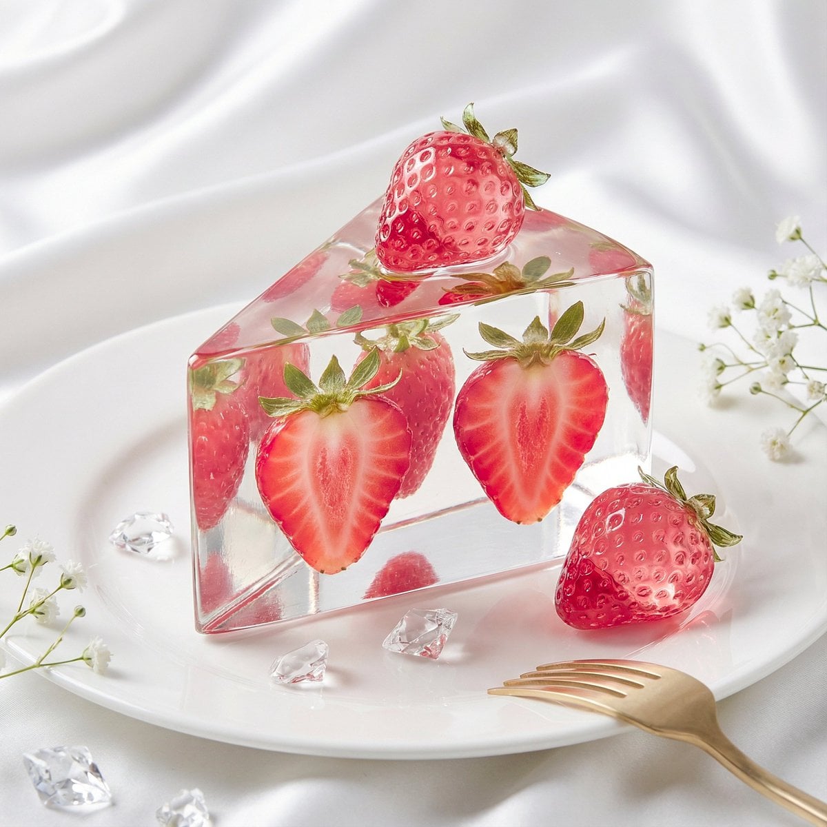 Create a luxury fashion-editorial still life of a sharp triangular prism cake slice made ...