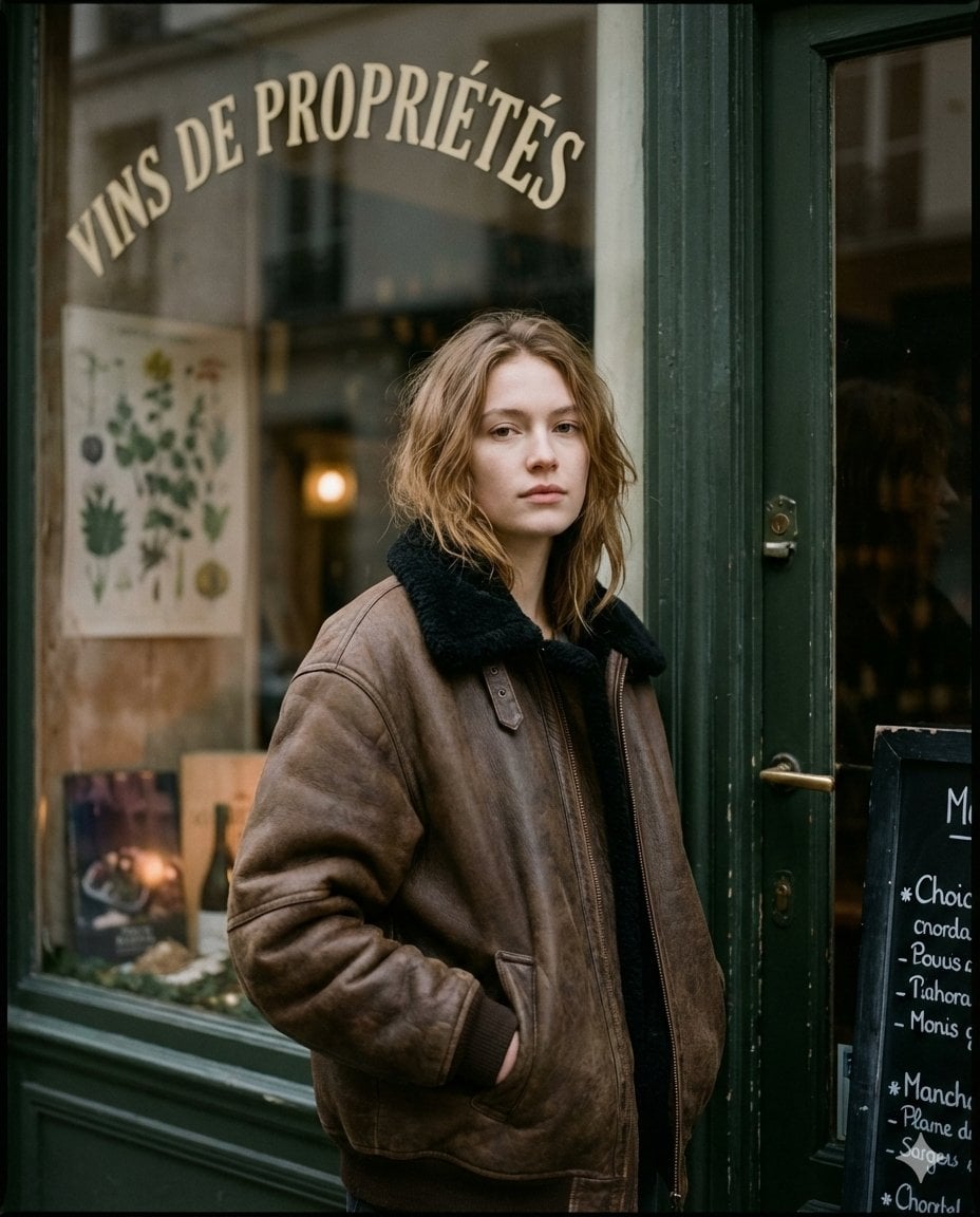Ultra-realistic moody Paris street editorial portrait, shot outside a vintage shopfront a...