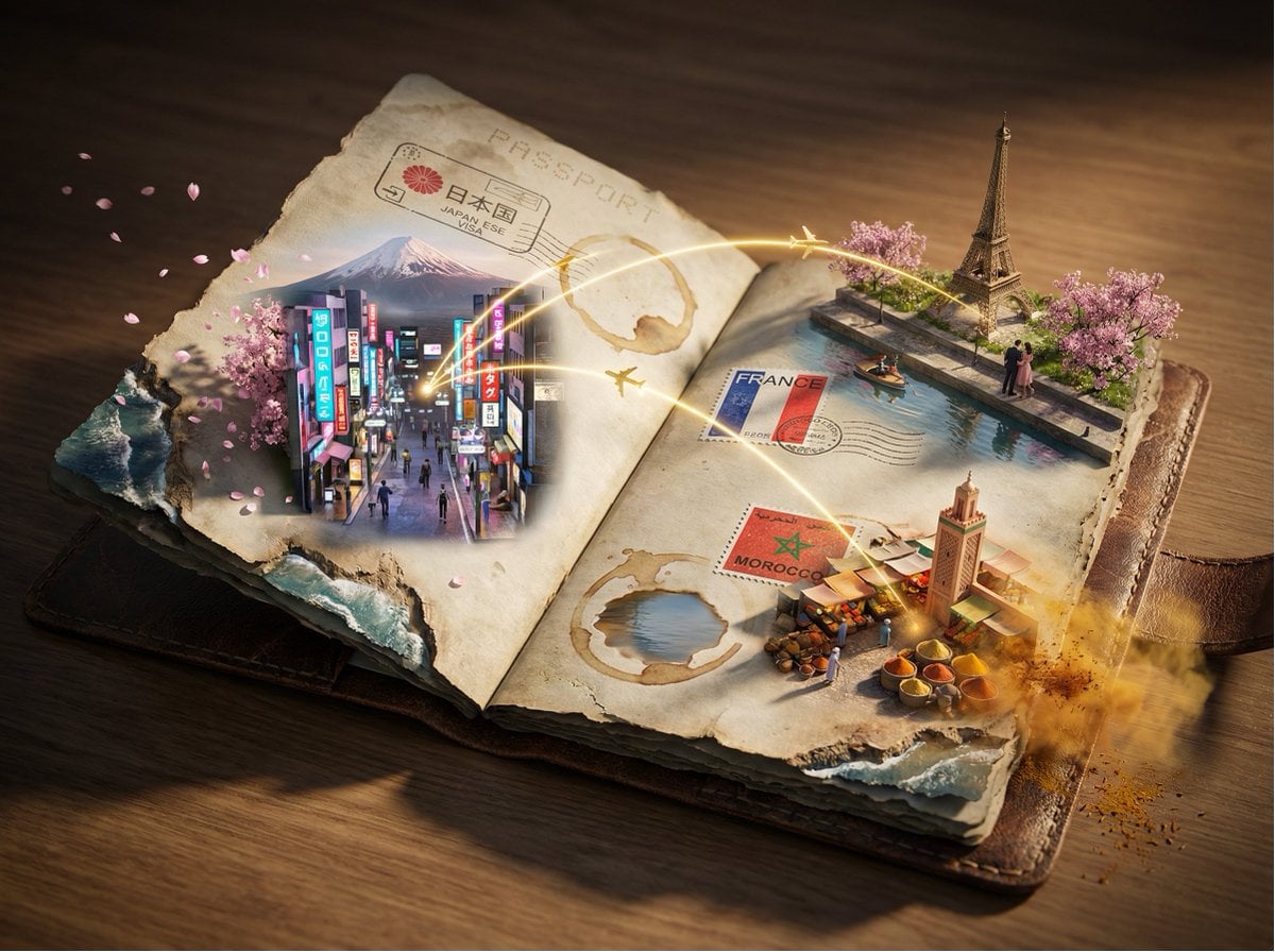 Epic 3D scene: a weathered passport lies open, its visa stamps erupting into the destinat...