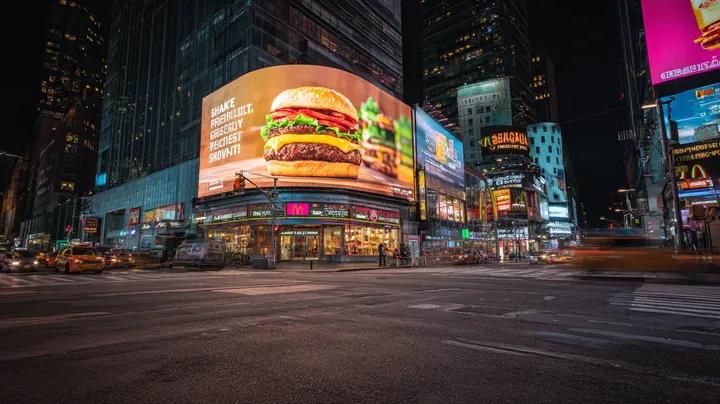 Ultra-realistic cinematic night cityscape inspired by Times Square, New York. A wide-angl...