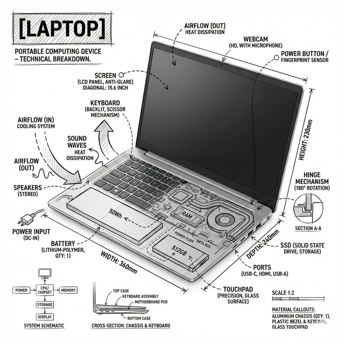 Create an infographic image of laptop ,combining a realistic photograph or photoreal rend...