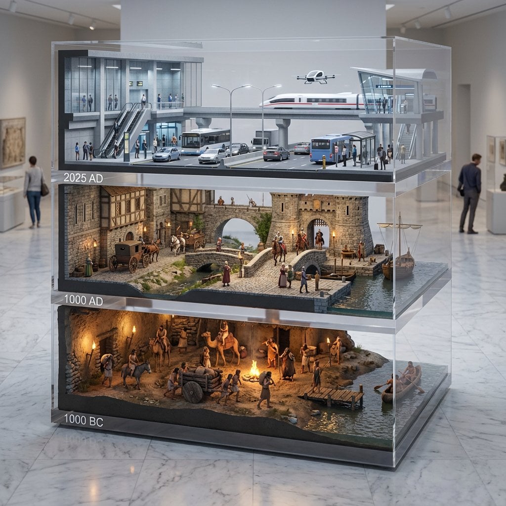 Cinematic, hyper-realistic. A stacked depth composition of ultra-detailed 16K 3D-scanned ...