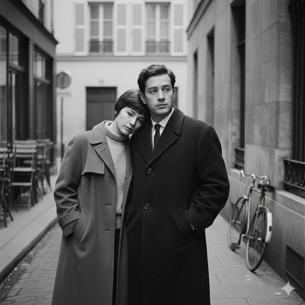 A French New Wave–style minimalist lovers scene, black and white, 1950s–1960s European ci...