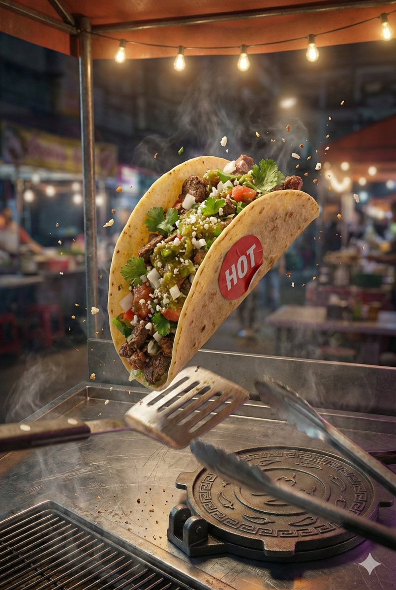 Generate a '2:3' hyper-realistic, high-resolution poster featuring the attached taco imag...