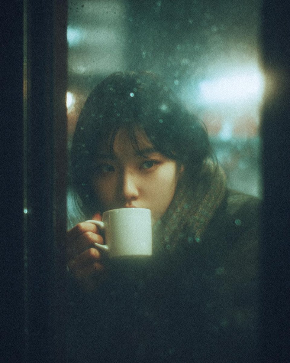 A cinematic, moody photograph of a young woman sitting inside a café at night, seen throu...
