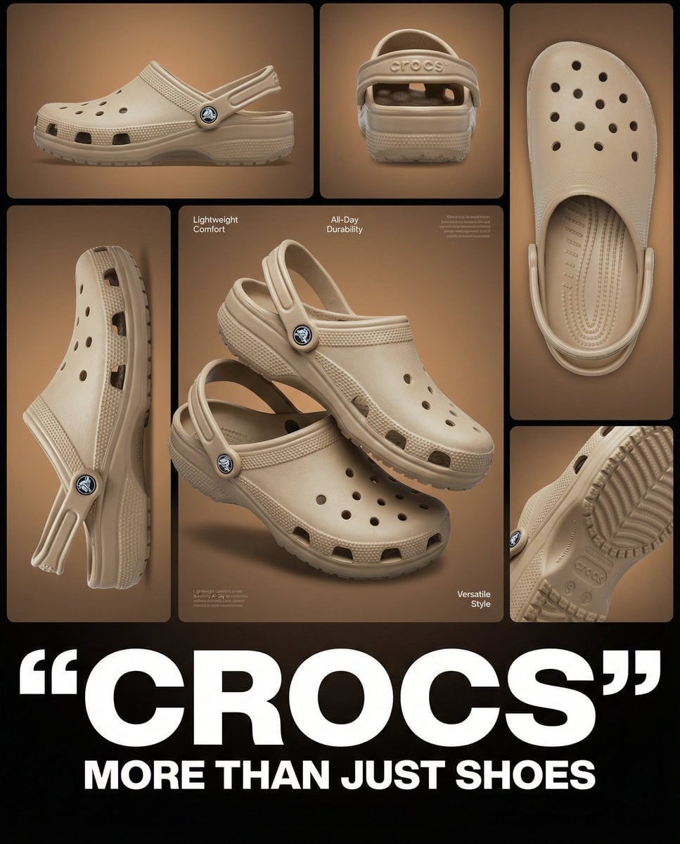 Multi-image product collage poster featuring beige/tan Crocs clog shoes, designed as a mo...