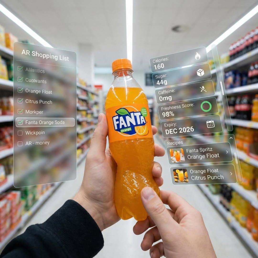 First-person perspective inside a brightly lit supermarket aisle. Realistic human hands a...