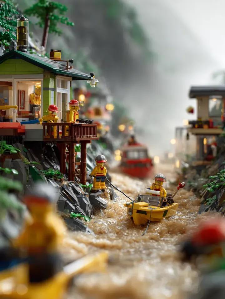 LEGO mountain flood rescue scene, torrential rain causing river overflow in a LEGO mounta...