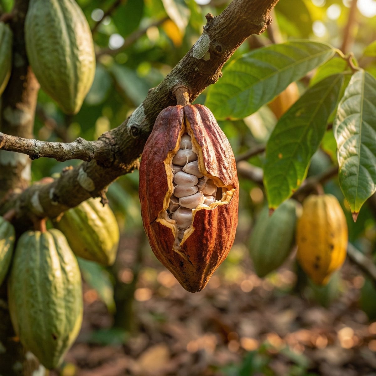 High-quality realistic commercial shot of a cocoa plantation in landscape orientation, co...