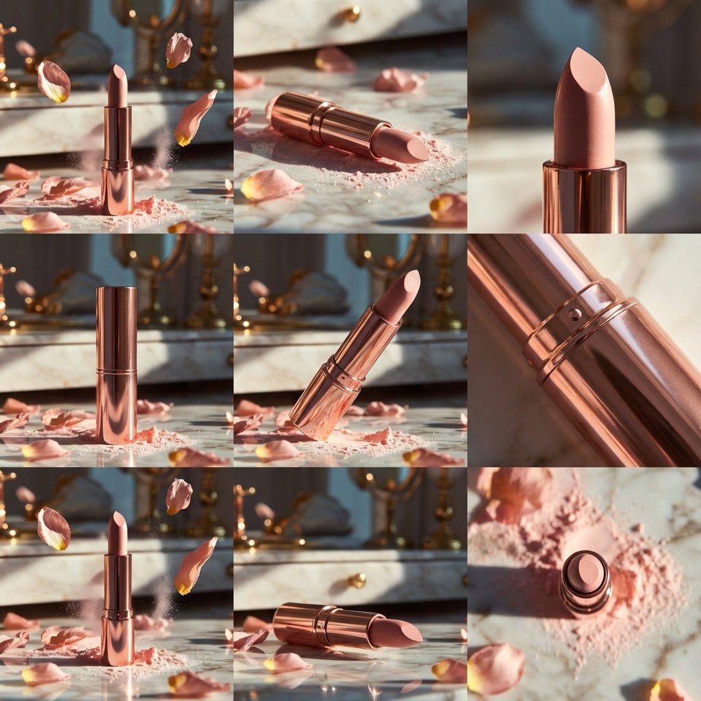 Elegant rose-gold lipstick standing upright on a reflective marble surface, surrounded by...