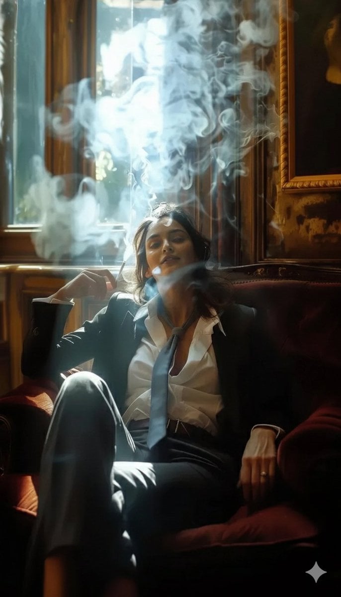 A high-definition cinematic portrait of a sophisticated woman sitting in a plush, velvet...