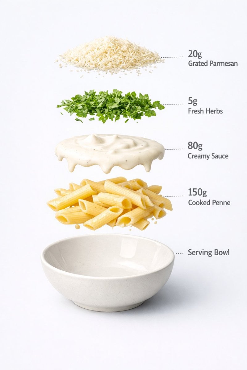 Ultra-realistic food photography of a prepared creamy white sauce penne pasta served in a...