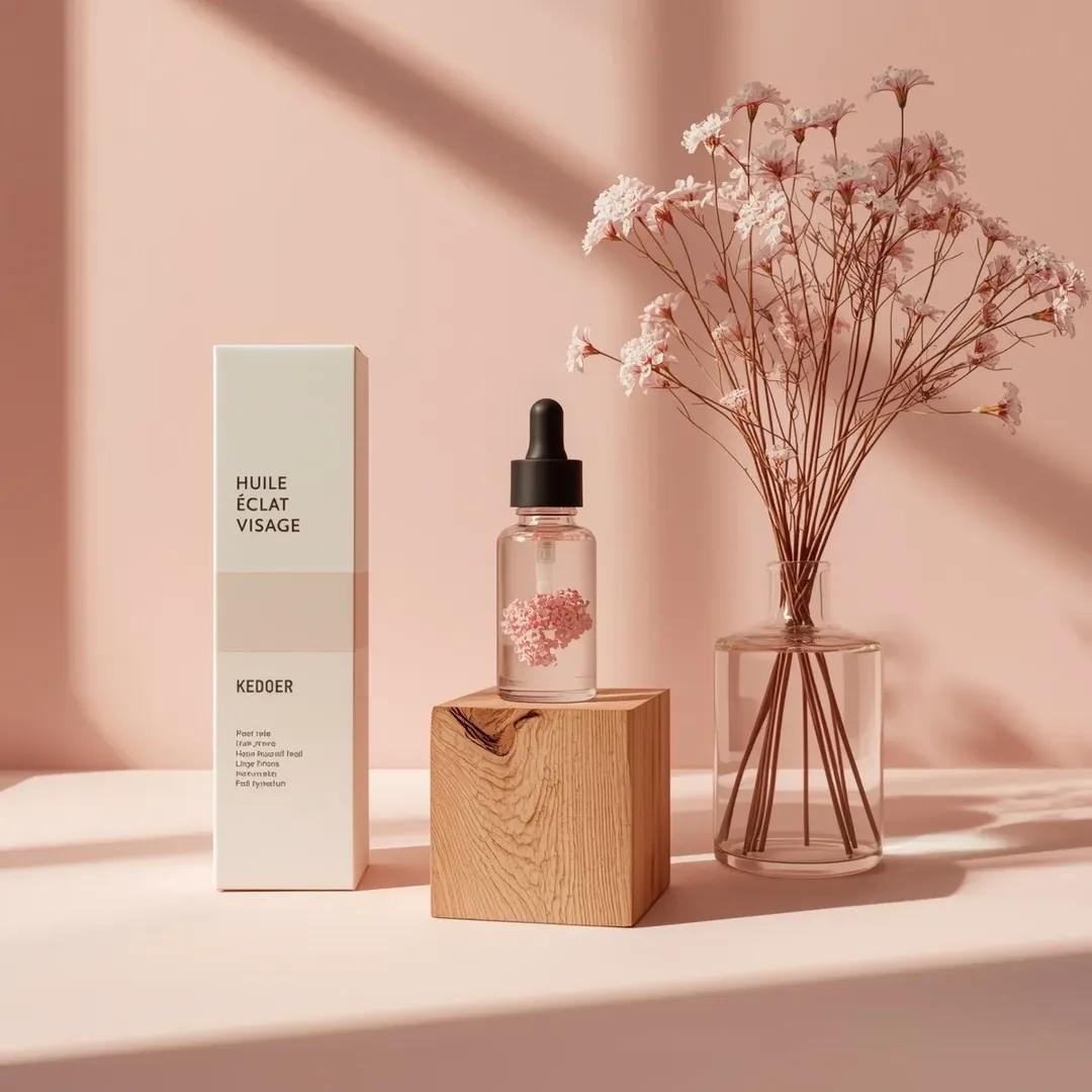 Ultra-realistic minimalist studio product photography of a small transparent glass facial...