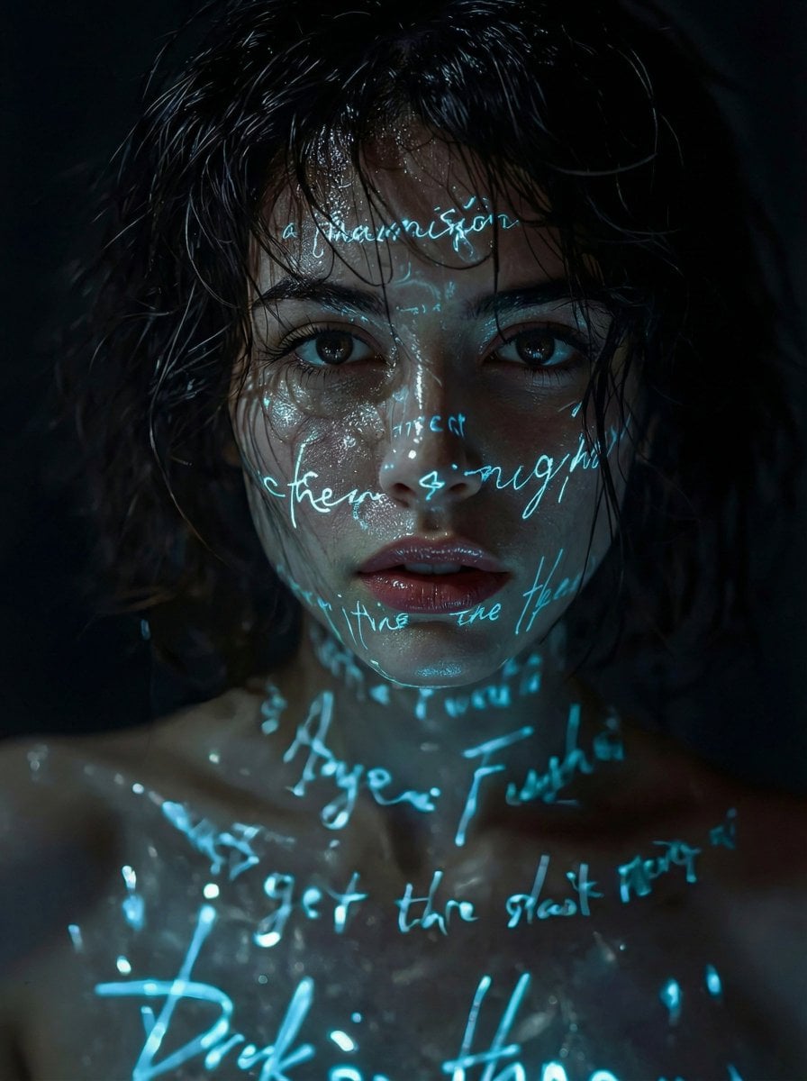 A cinematic, hyper-realistic close-up portrait of a mysterious young woman in darkness, w...
