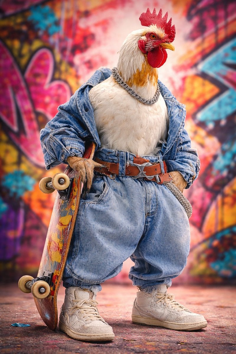 Ultra-realistic studio portrait of an anthropomorphic rooster styled like a street skater...
