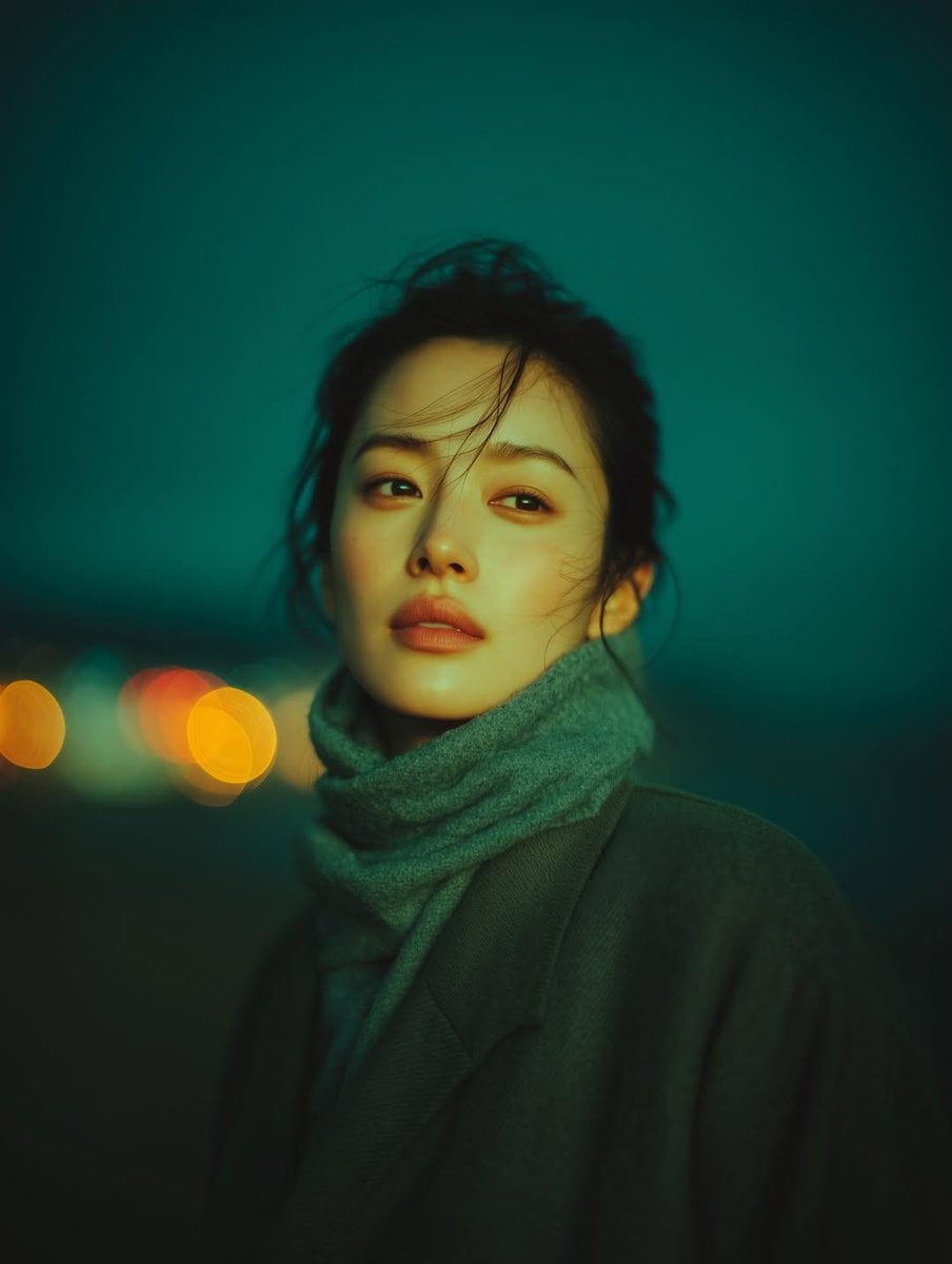 A cinematic night-time portrait of a young woman standing outdoors, softly lit by ambient...