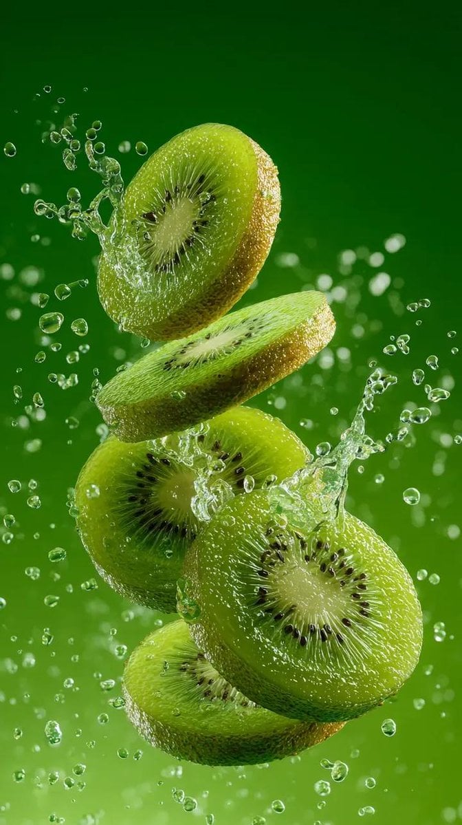 A hyper-realistic image of a sliced kiwi splashing in a spray of water with droplets susp...